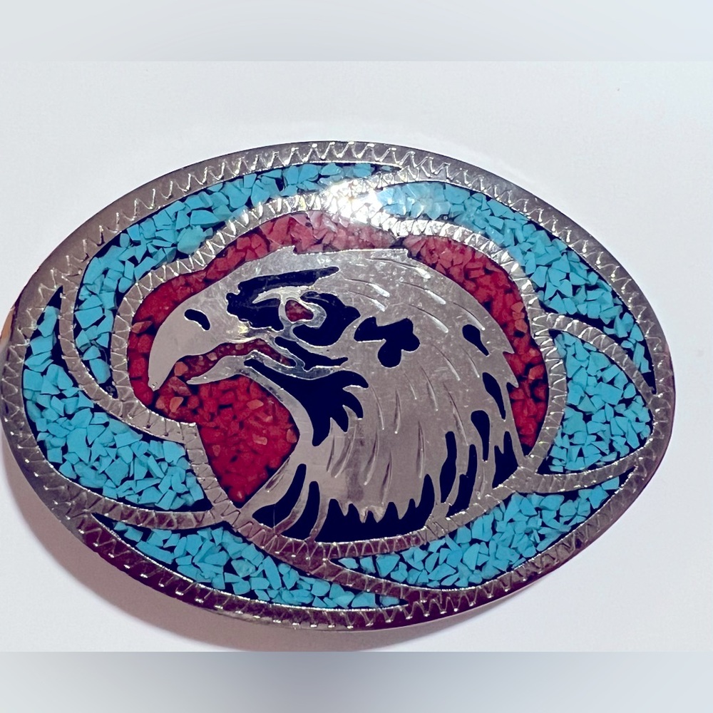 S.S.I Vintage Belt Buckle Turquoise Coral Inlay Silver Tone